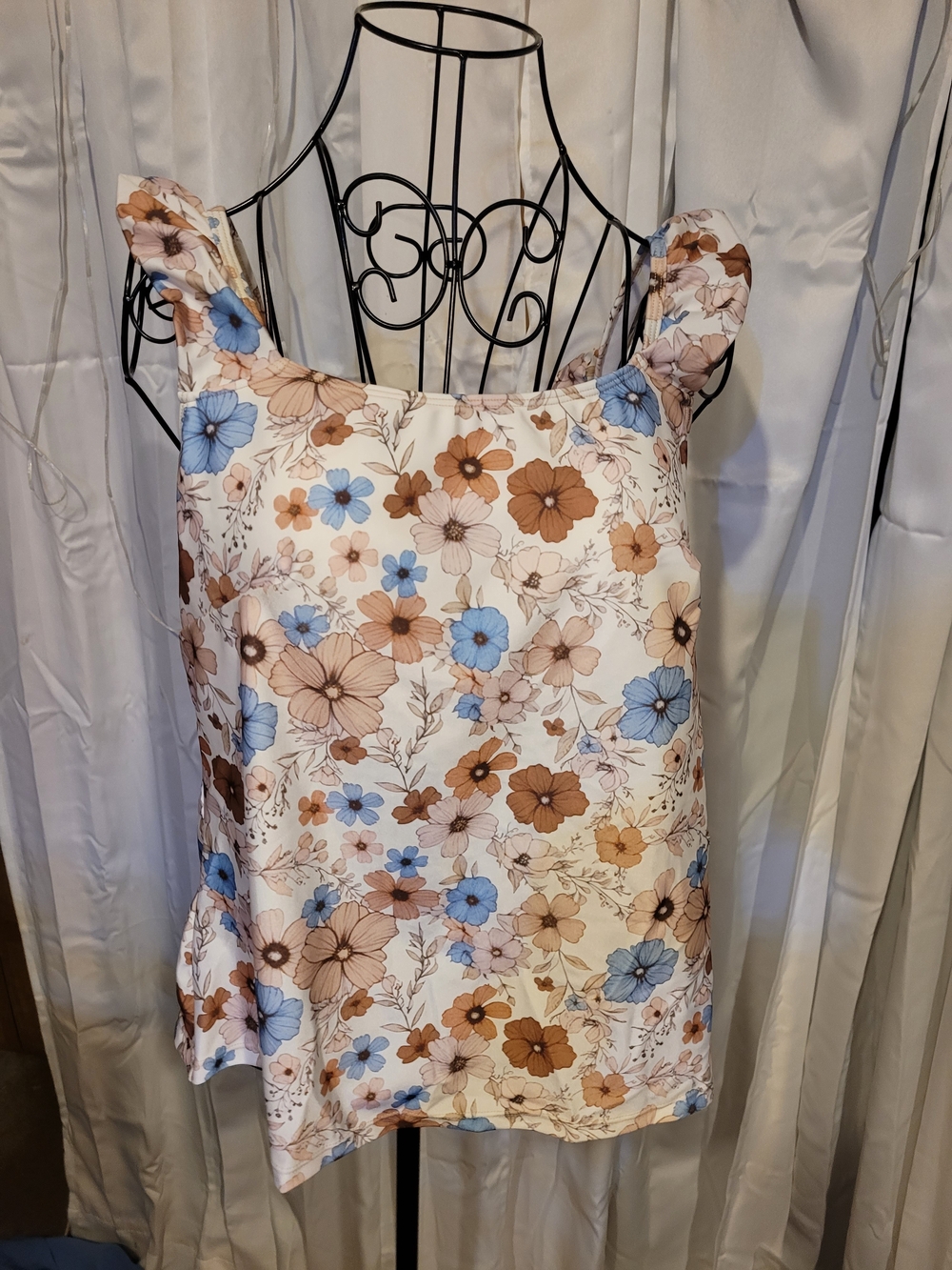 Amazon Floral Square-Neck Tank — Blue & Brown on Cream